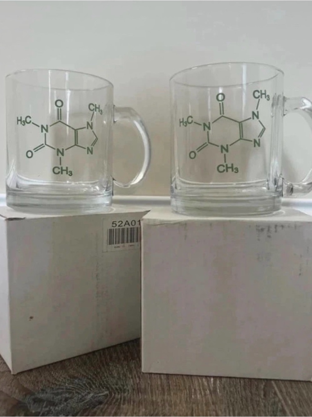 2 Clear Glass Coffee Mugs with molecule of Caffeine